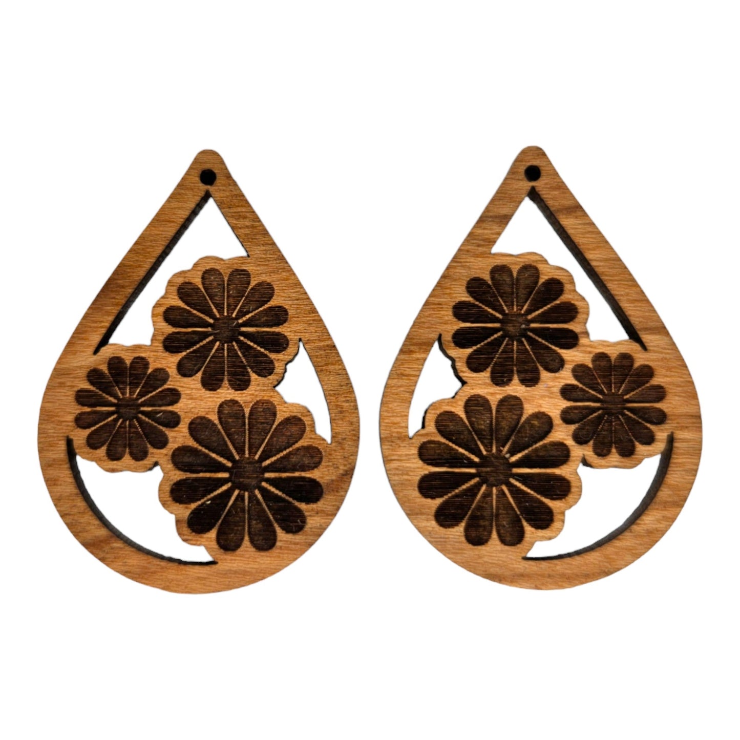 Wholesale Wood Earrings - Cutout Teardrop Trio Floral Engraved Lightweight Earrings - Dangle Earrings