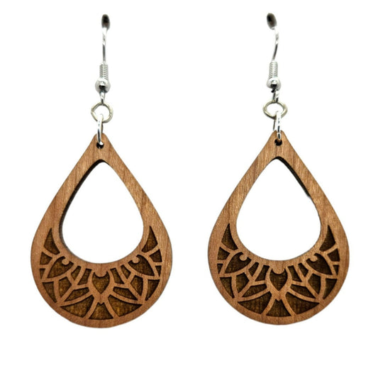 Wholesale Wood Earrings - Cutout Teardrop Floral Engraved Lightweight Earrings - Dangle Earrings