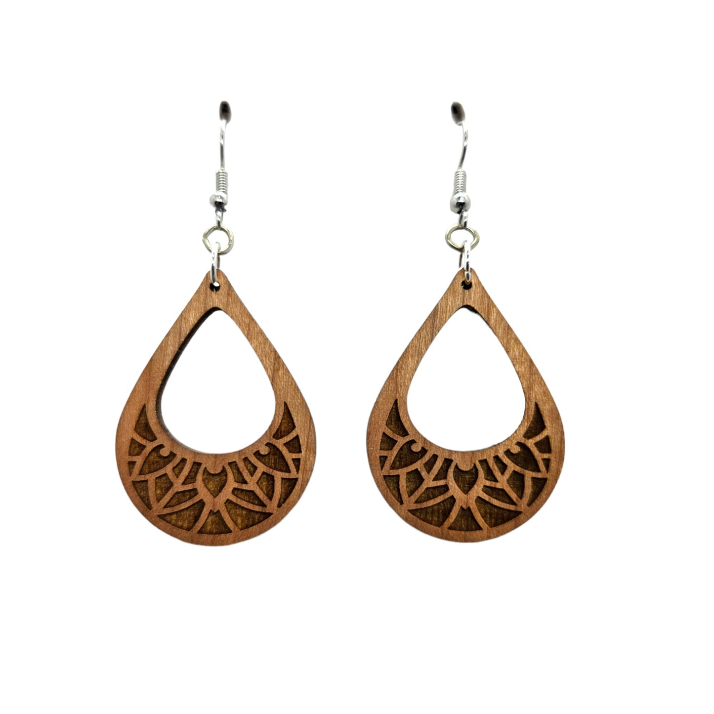 Wood Earrings - Cutout Teardrop Floral Engraved Lightweight Earrings - Dangle Earrings Drop Earrings - Gift