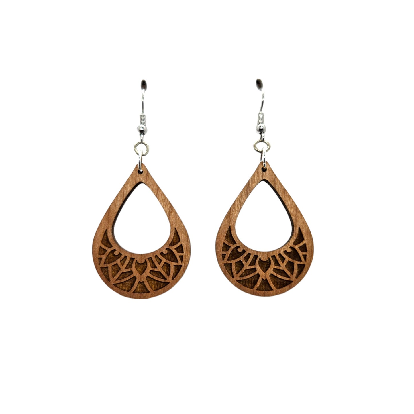 Wood Earrings - Cutout Teardrop Floral Engraved Lightweight Earrings - Dangle Earrings Drop Earrings - Gift