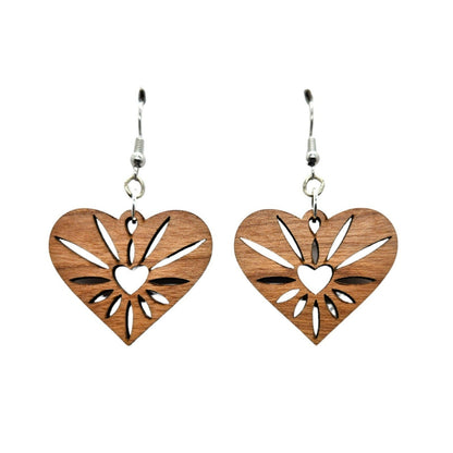 Wholesale Wood Earrings - Heart Rays Lightweight Earrings Heart Shaped - Dangle Earrings