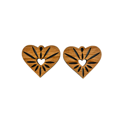 Wood Earrings - Heart Rays Lightweight Earrings Heart Shaped - Dangle Earrings Drop Earrings - Gift