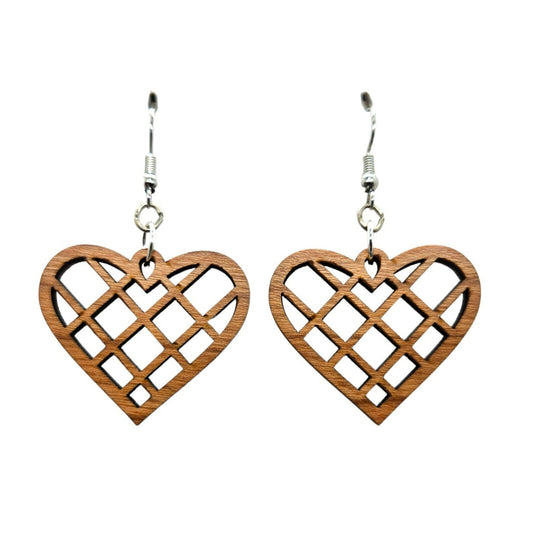 Wholesale Wood Earrings - Heart Shape Cutout with Criss Cross Lines Lightweight Earrings Heart Shaped - Dangle Earrings Drop