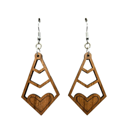 Wood Earrings - Diamond Shape with Heart Lightweight Earrings - Dangle Earrings Drop Earrings - Gift