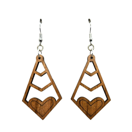 Wholesale Wood Earrings - Diamond Shape with Heart Lightweight Earrings - Dangle Earrings Drop