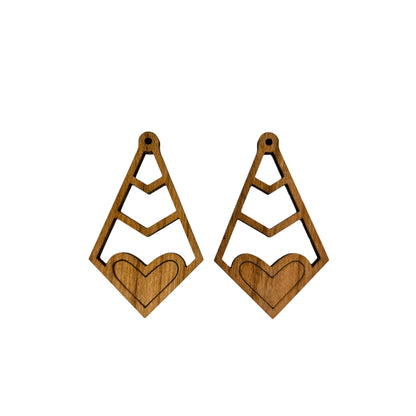 Wholesale Wood Earrings - Diamond Shape with Heart Lightweight Earrings - Dangle Earrings Drop