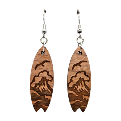 Surfboard Earrings - Wood Earrings - Beach Ocean Waves Dangle Earrings - Souvenir Keepsake