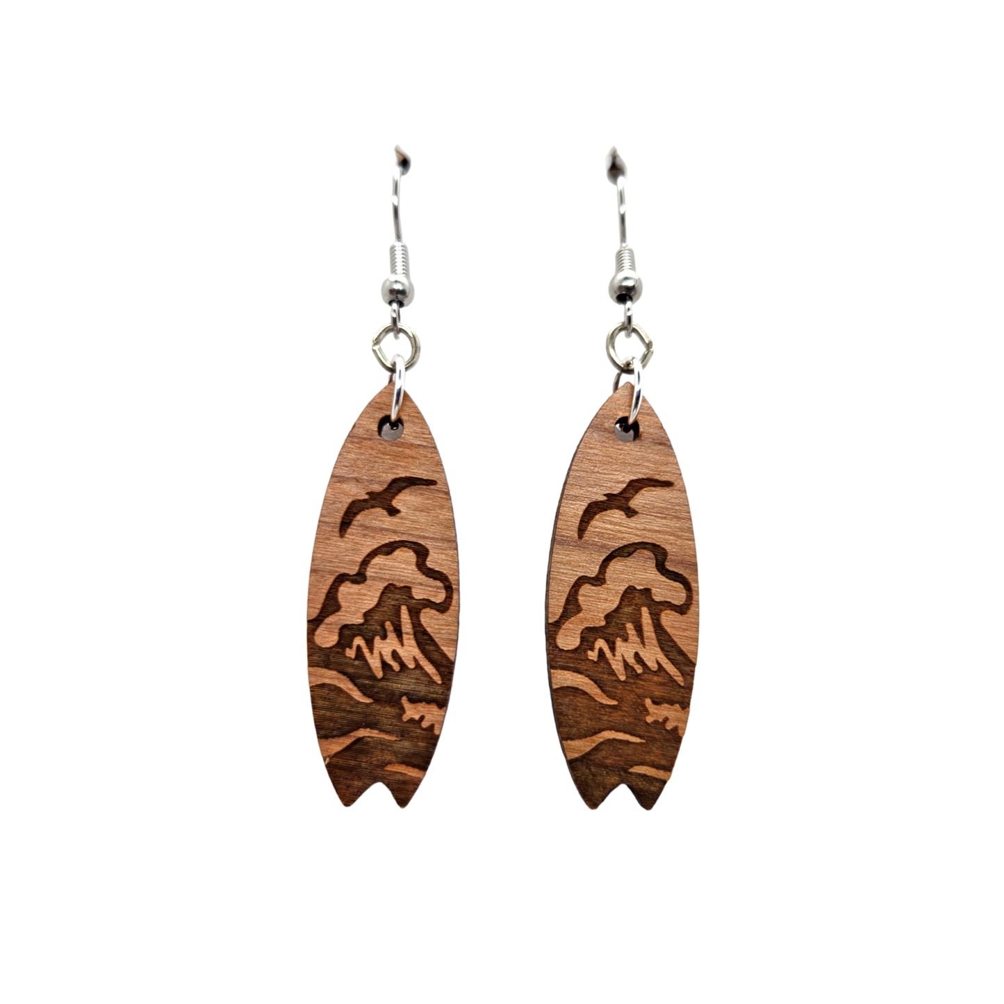 Surfboard Earrings - Wood Earrings - Beach Ocean Waves Dangle Earrings - Souvenir Keepsake