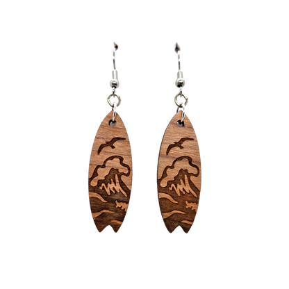 Surfboard Earrings - Wood Earrings - Beach Ocean Waves Dangle Earrings - Souvenir Keepsake