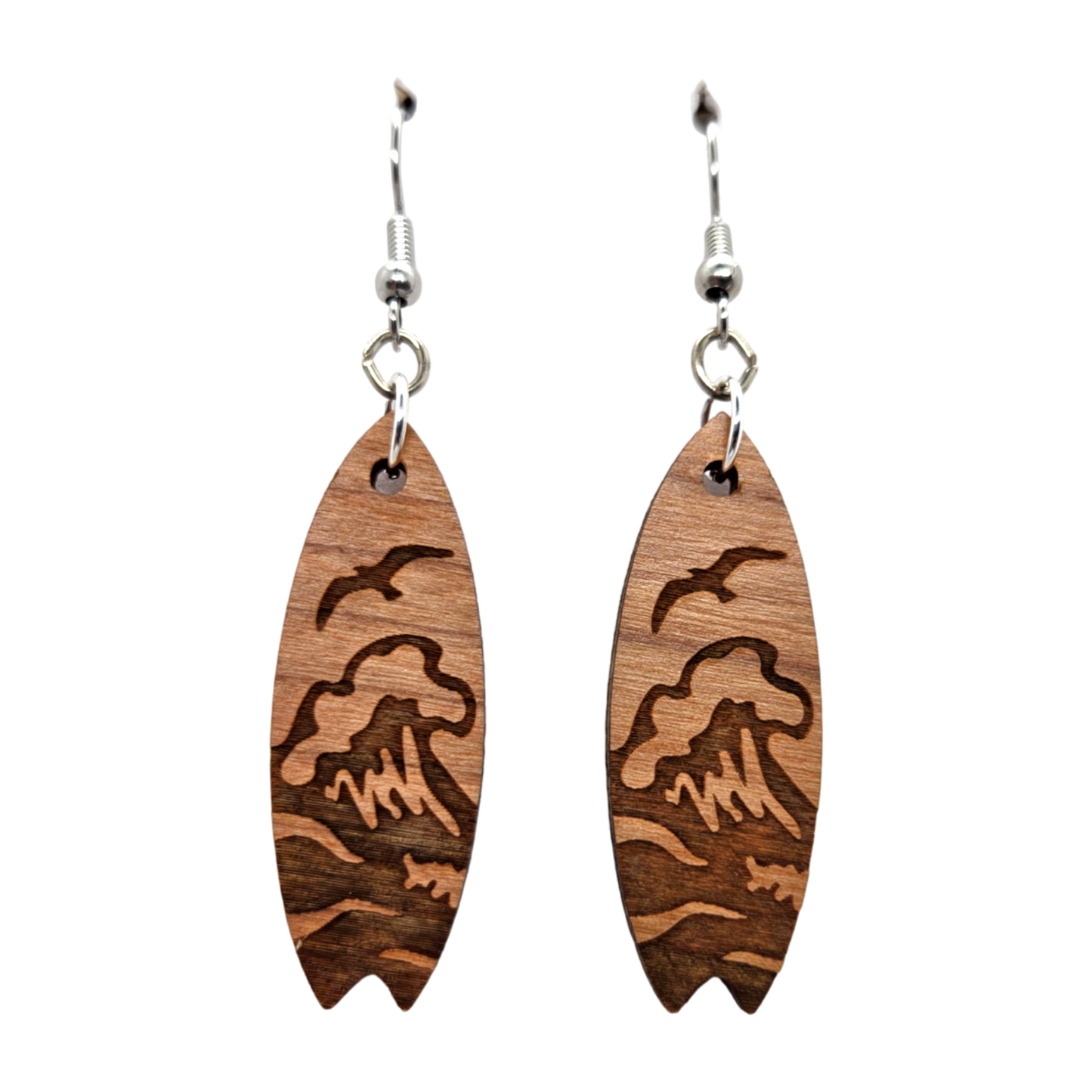 Surfboard Earrings - Wood Earrings - Beach Ocean Waves Dangle Earrings - Souvenir Keepsake