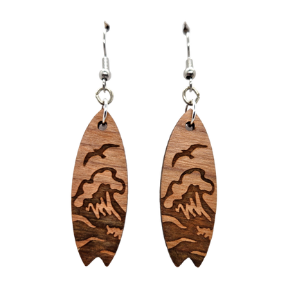 Surfboard Earrings - Wood Earrings - Beach Ocean Waves Dangle Earrings - Souvenir Keepsake