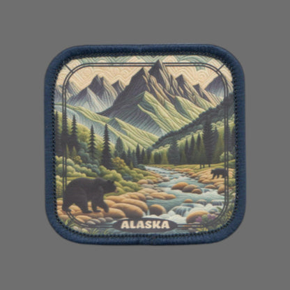 Alaska Patch – Alaska Travel Souvenir Patch 2" Iron On Sew On Embellishment Mountains Trees Bear Creek Square