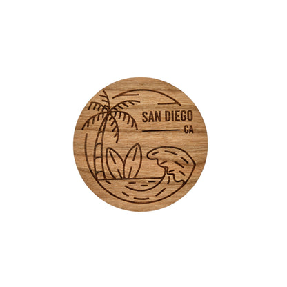 San Diego CA Beach Scene Surfboard Palm Trees Wood Magnet Souvenir - M15424