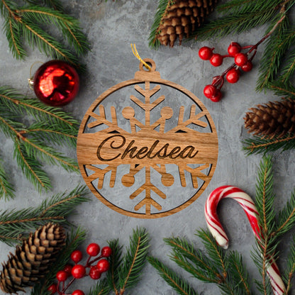 Snowflake Personalized Ornament Engraved with Custom Name Wood Ornament Handmade in the USA