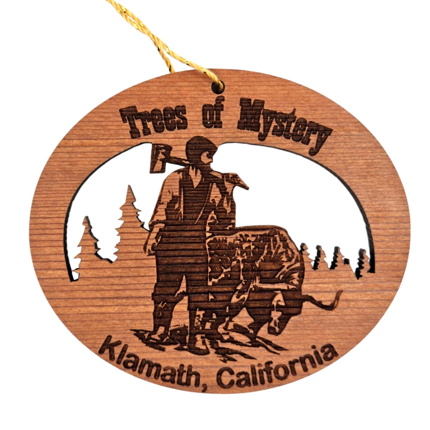 Wood Christmas Ornament Trees of Mystery Oval California Redwoods Laser Cut Handmade Wood Ornament Made in USA