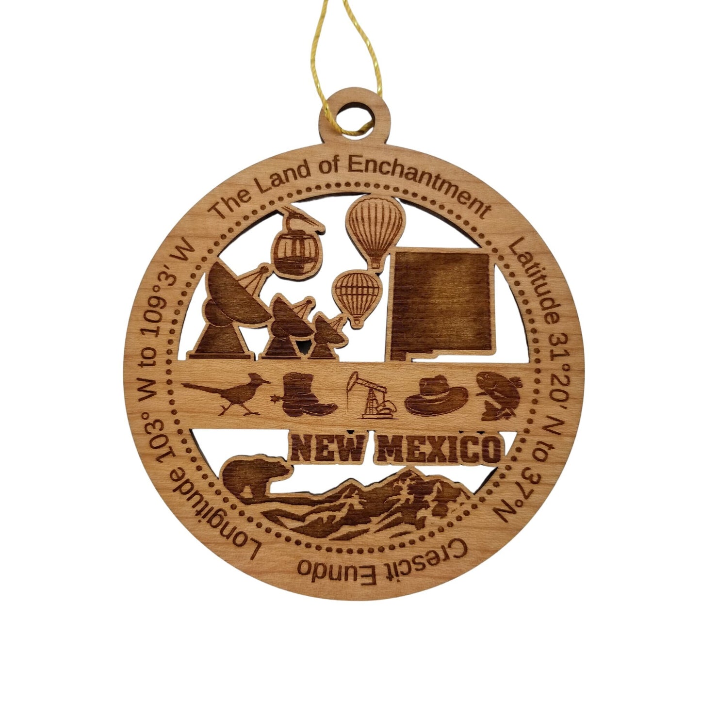 New Mexico Wood Ornament -  NM Souvenir - Handmade Wood Ornament Made in USA State Shape Hot Air Balloons Sky Tram Satellites Roadrunner