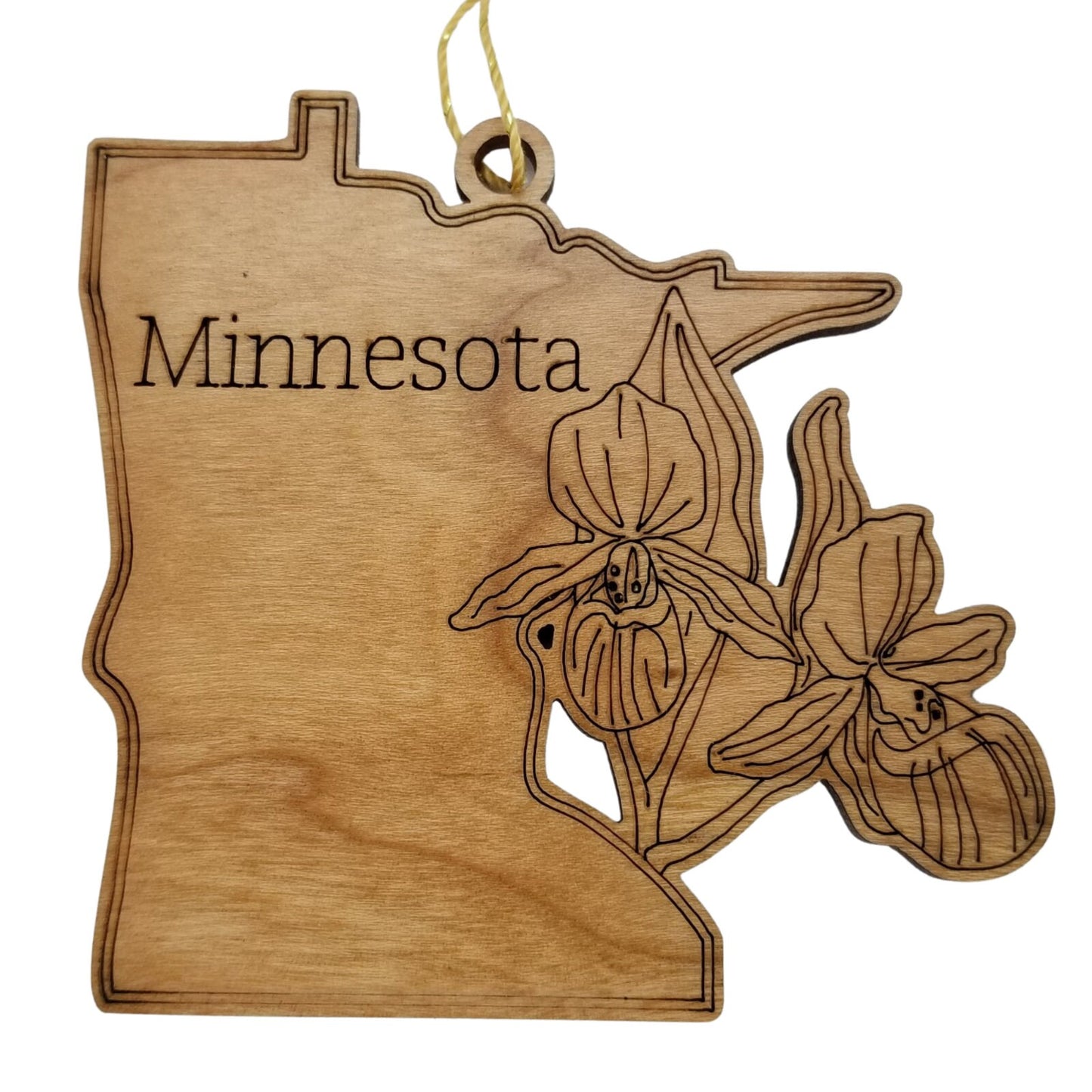 Minnesota Wood Ornament -  State Shape with State Flowers Showy Ladys Slippers MN - Handmade Wood Ornament Made in USA Christmas Decor