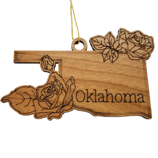 Wholesale Oklahoma Wood Ornament -  OK State Shape with State Flowers Oklahoma Rose - Handmade Wood Souvenir