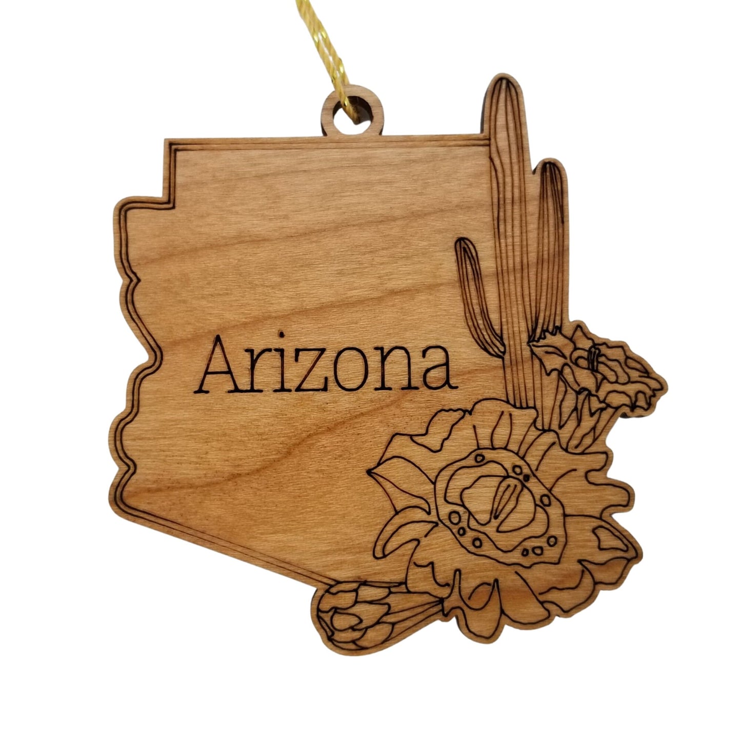 Arizona Wood Ornament -  AZ State Shape with State Flowers Saguaro Cactus Blossoms - Handmade Wood Ornament Made in USA Christmas Decor