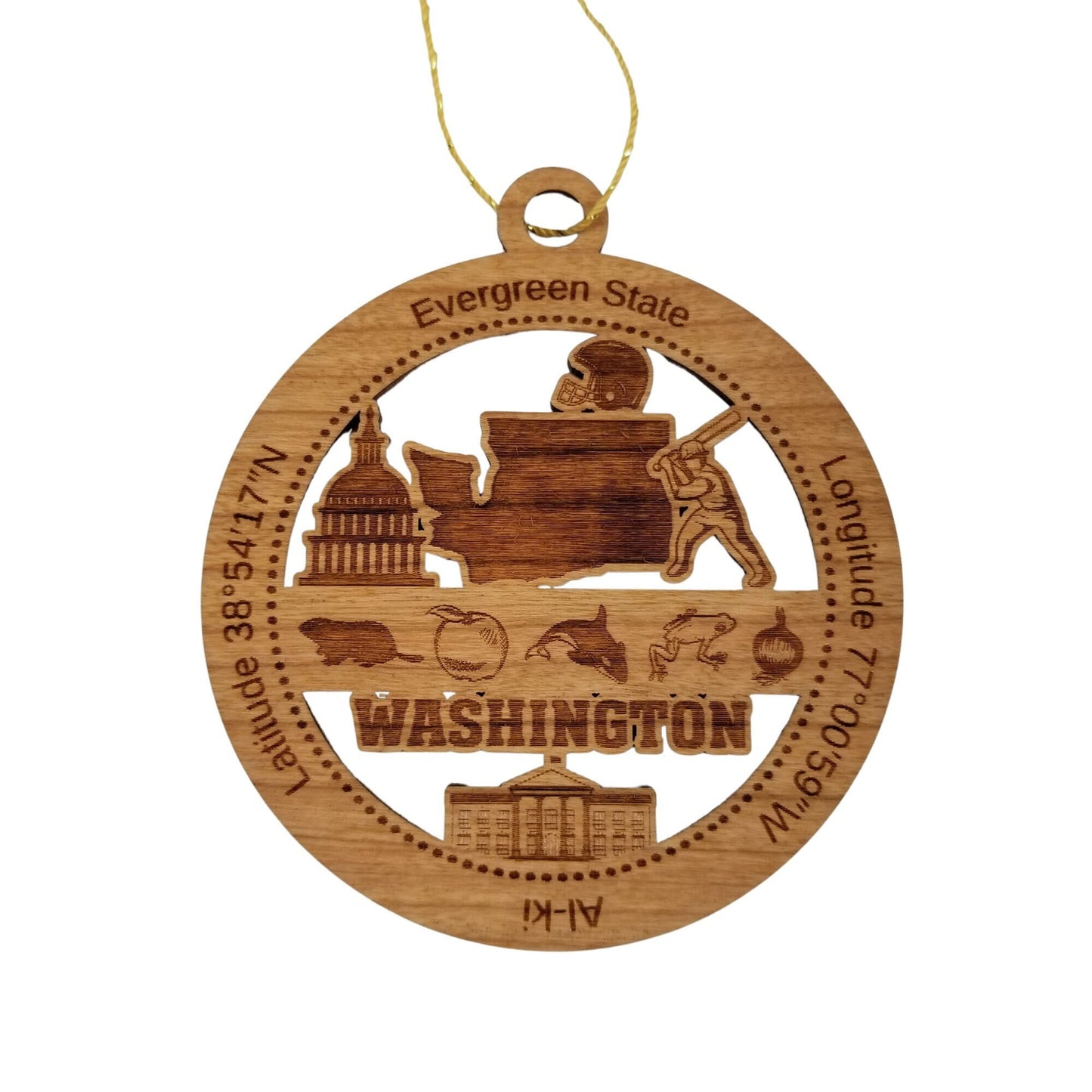 Washington Wood Ornament -  WA Souvenir  - Handmade Wood Ornament Made in USA State Shape Football Helmet Baseball Player Beaver Apple Orca