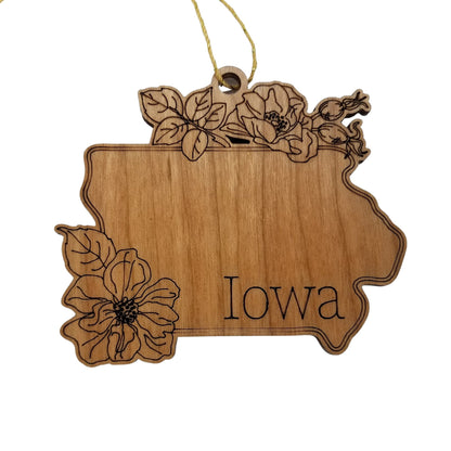 Wholesale Iowa Wood Ornament -  IA State Shape with State Flowers Prairie Rose - Handmade Wood Souvenir