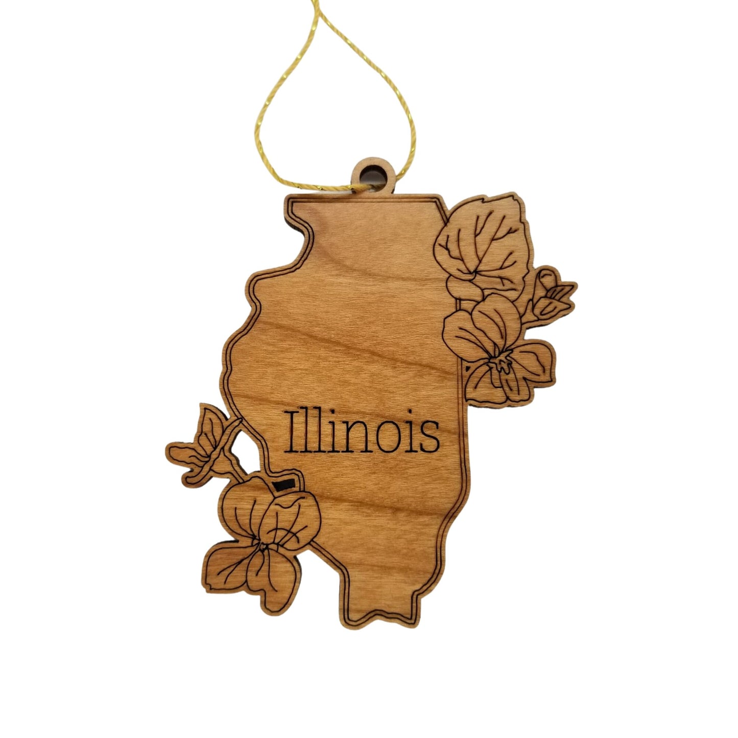 Wholesale Illinois Wood Ornament -  IL State Shape with State Flowers Common Blue Violets - Handmade Wood Souvenir