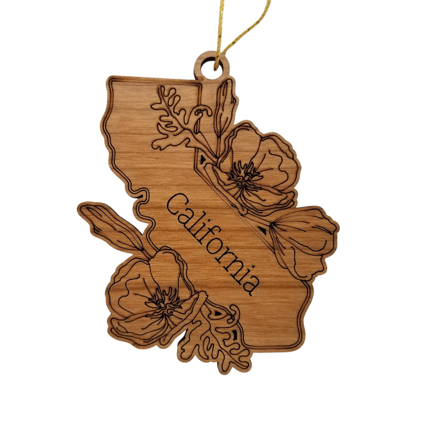 Wholesale California Wood Ornament -  State Shape with State Flowers Poppies CA - Handmade Wood Souvenir