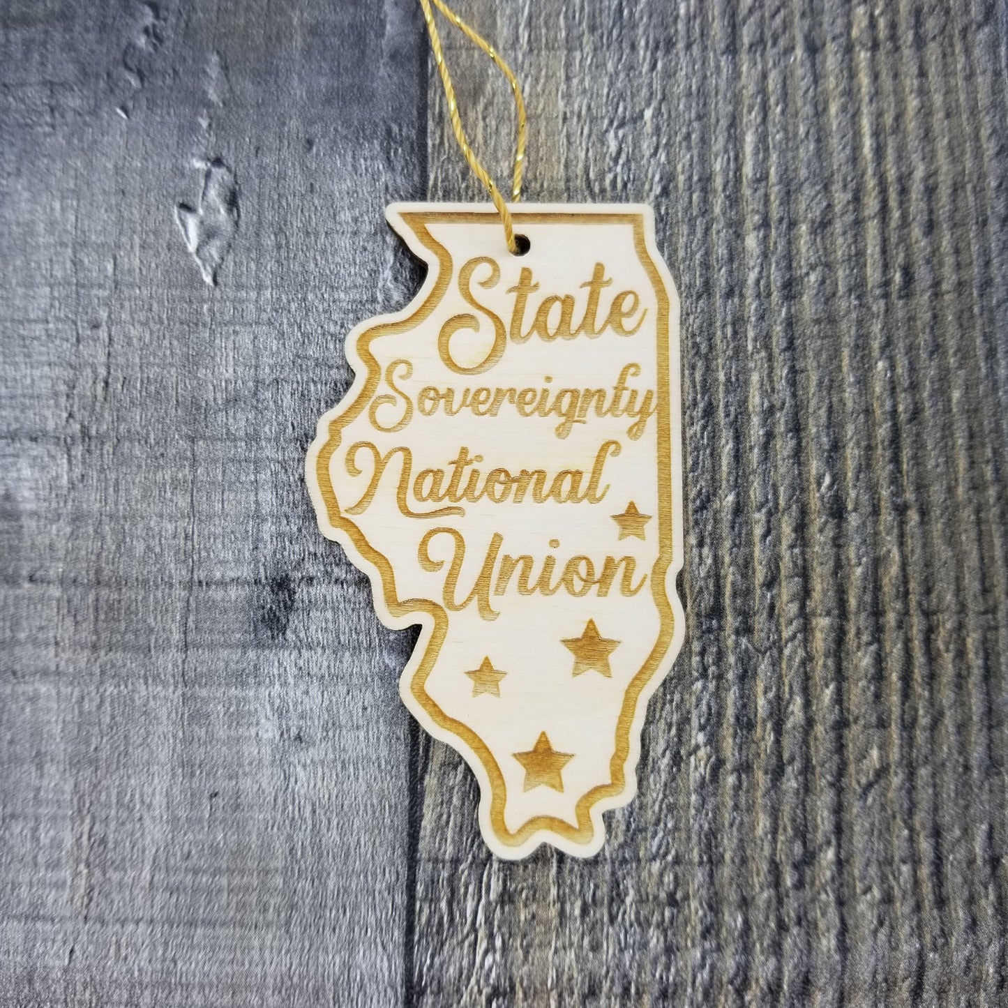 Illinois Wood Ornament -  IL State Shape with State Motto - Handmade Wood Ornament Made in USA Christmas Decor