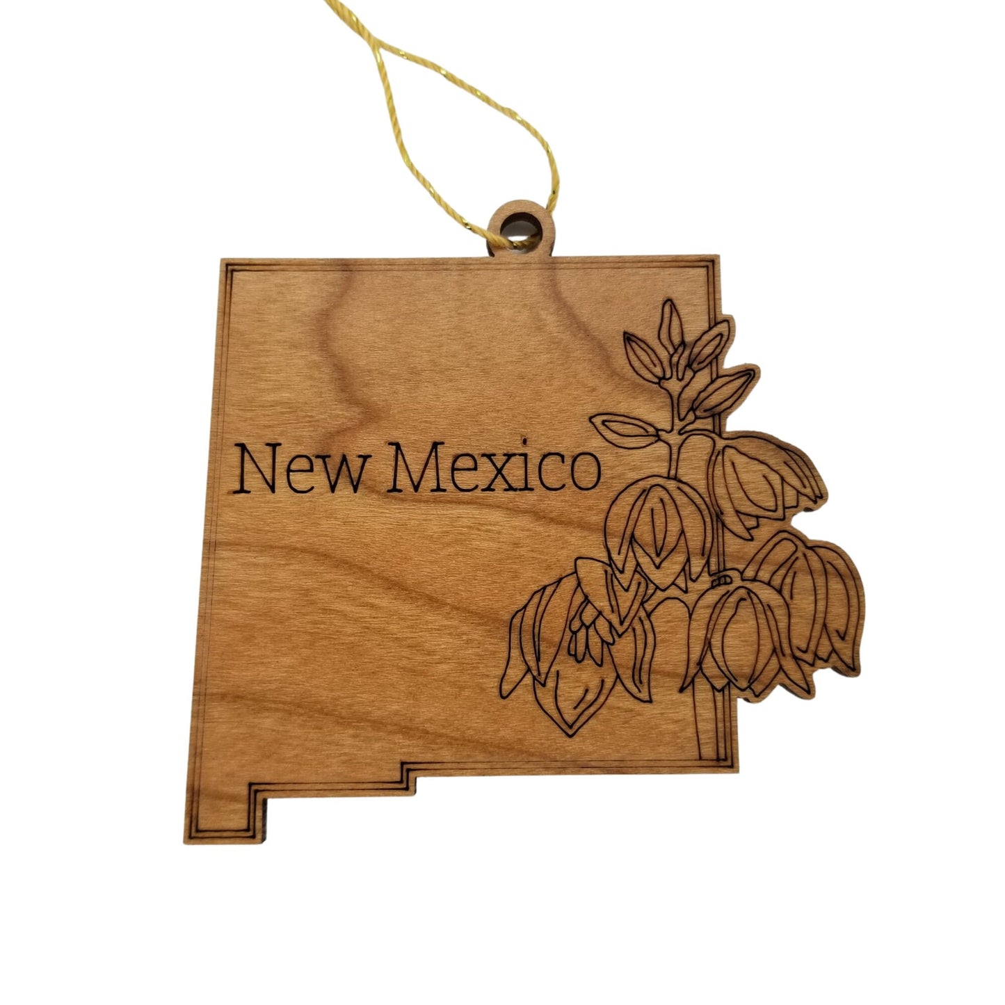 Wholesale New Mexico Wood Ornament -  NM State Shape with State Flowers Yucca Flower - Handmade Wood Souvenir