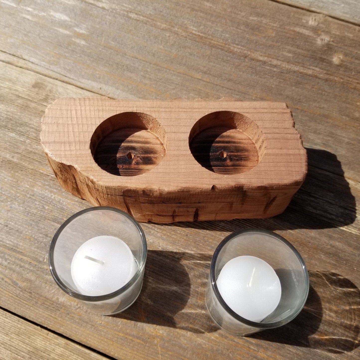 Candle Holder 2 Candles Wood Rustic Home Decor Handmade Wood Gift #530 Unique One of a Kind Gift Raw Unfinished Natural Redwood