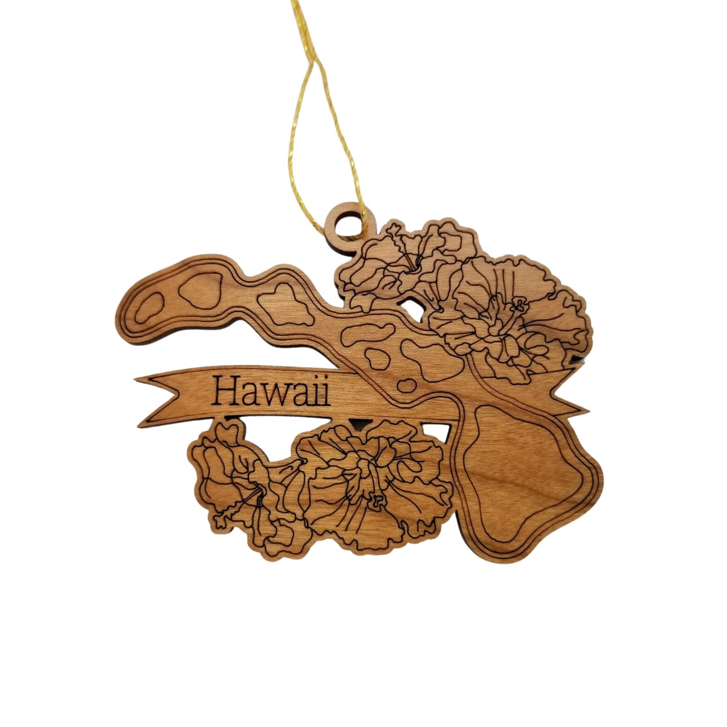 Wholesale Hawaii Wood Ornament -  HI State Shape with State Flowers Hibiscus - Handmade Wood Souvenir