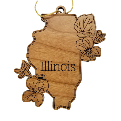 Wholesale Illinois Wood Ornament -  IL State Shape with State Flowers Common Blue Violets - Handmade Wood Souvenir