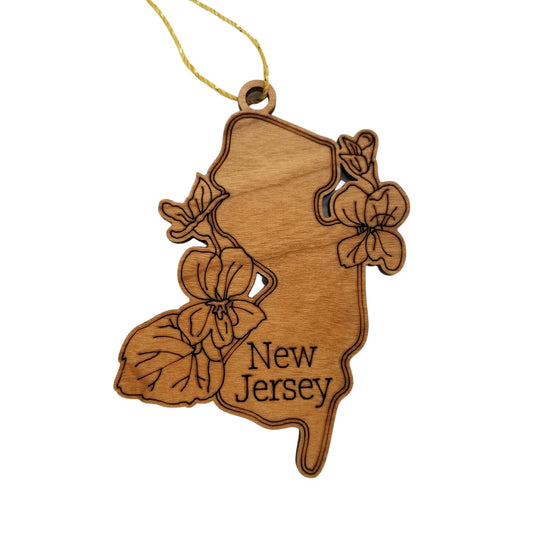 New Jersey Wood Ornament -  NJ State Shape with State Flowers Violets - Handmade Wood Ornament Made in USA Christmas Decor