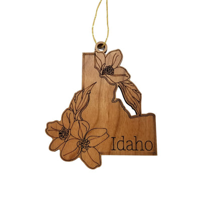 Wholesale Idaho Wood Ornament -  ID State Shape with State Flowers Syringa - Handmade Wood Souvenir