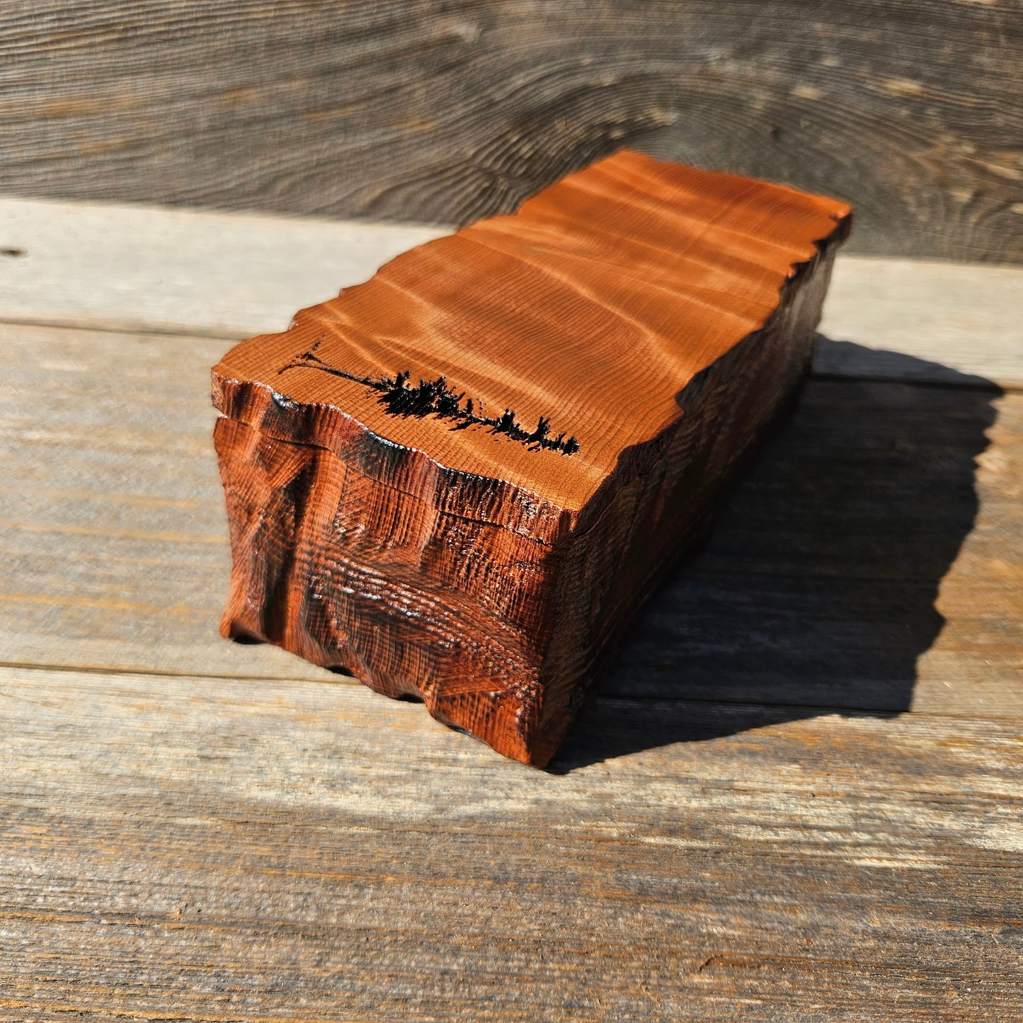 Handmade Wood Box with Redwood Tree Engraved Rustic Handmade Curly Wood #599 California Redwood Jewelry Box Storage Box