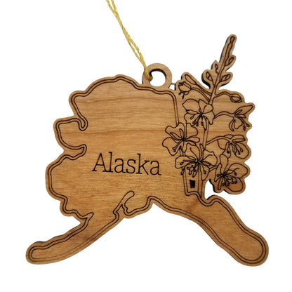 Wholesale Alaska Wood Ornament -  AK State Shape with State Flowers Forget Me Nots - Handmade Wood Souvenir