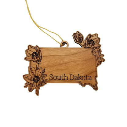 Wholesale South Dakota Wood Ornament -  SD State Shape with State Flowers American Pasque - Handmade Wood Souvenir