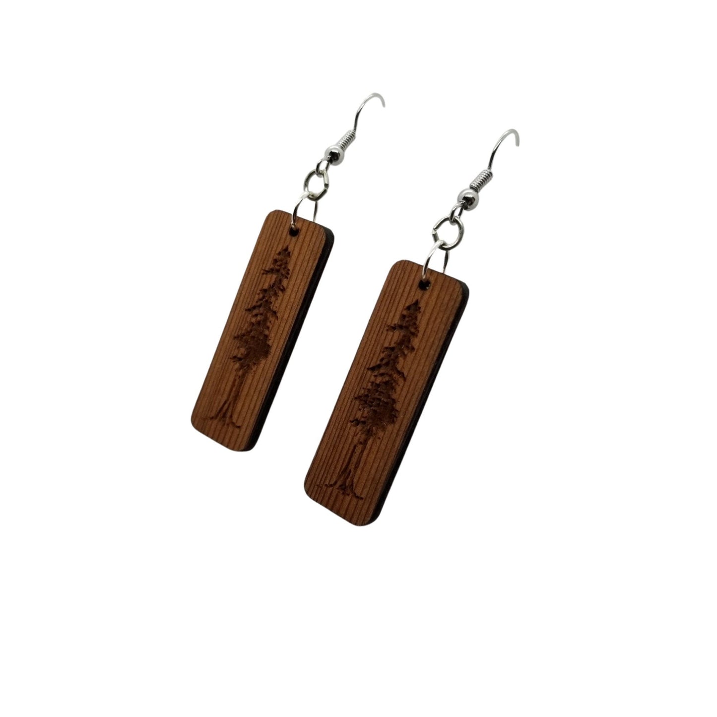 Wholesale Redwood Earrings - Engraved Tree Rectangle Wood Earrings - California Redwood Dangle Earrings - CA Souvenir Keepsake