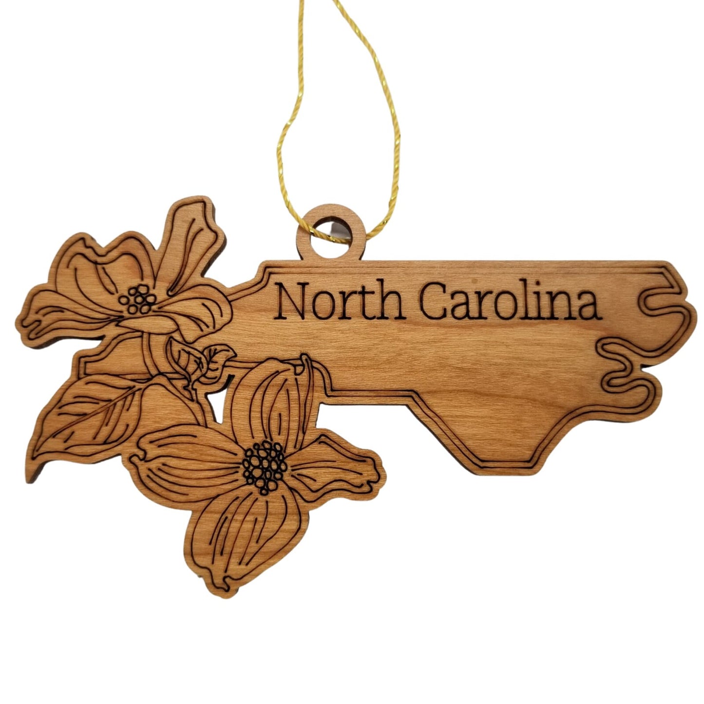 North Carolina Wood Ornament -  State Shape with State Flowers Flowering Dogwoods NC - Handmade Wood Ornament Made in USA Christmas Decor