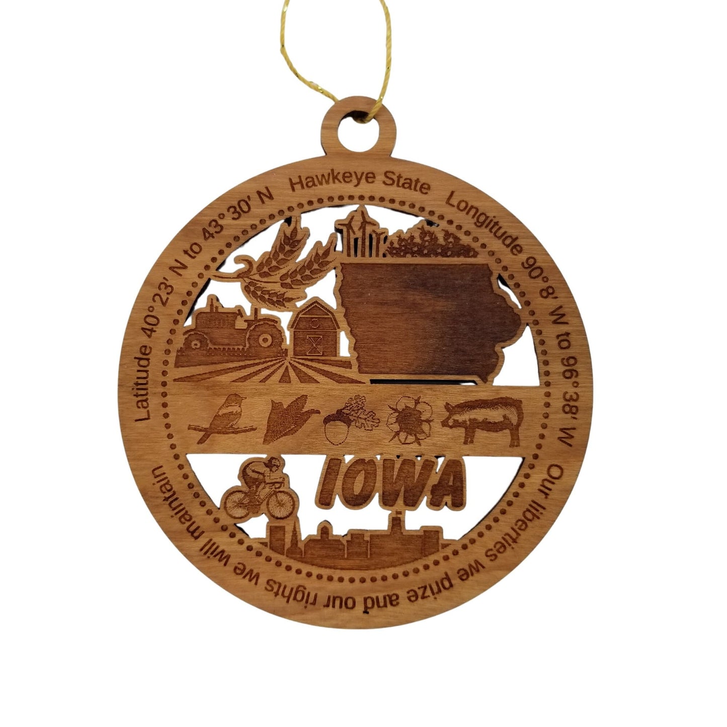 Iowa Wood Ornament - IA Souvenir - Handmade Wood Ornament Made in USA State Shape Tractor Barn Wind Turbines Pig Acorn Bicyclist