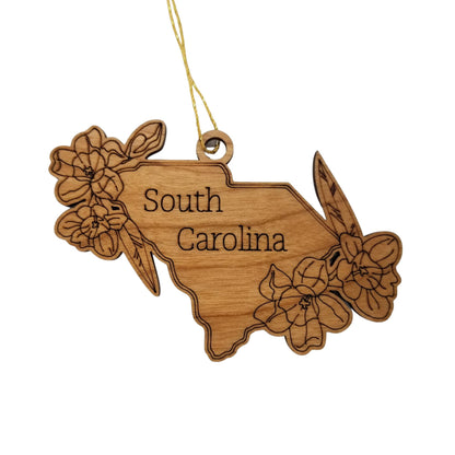 Wholesale South Carolina Wood Ornament -  SC State Shape with State Flowers Yellow Jessamine - Handmade Wood Souvenir