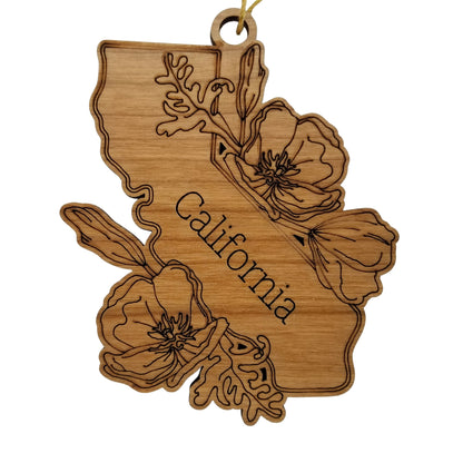 Wholesale California Wood Ornament -  State Shape with State Flowers Poppies CA - Handmade Wood Souvenir