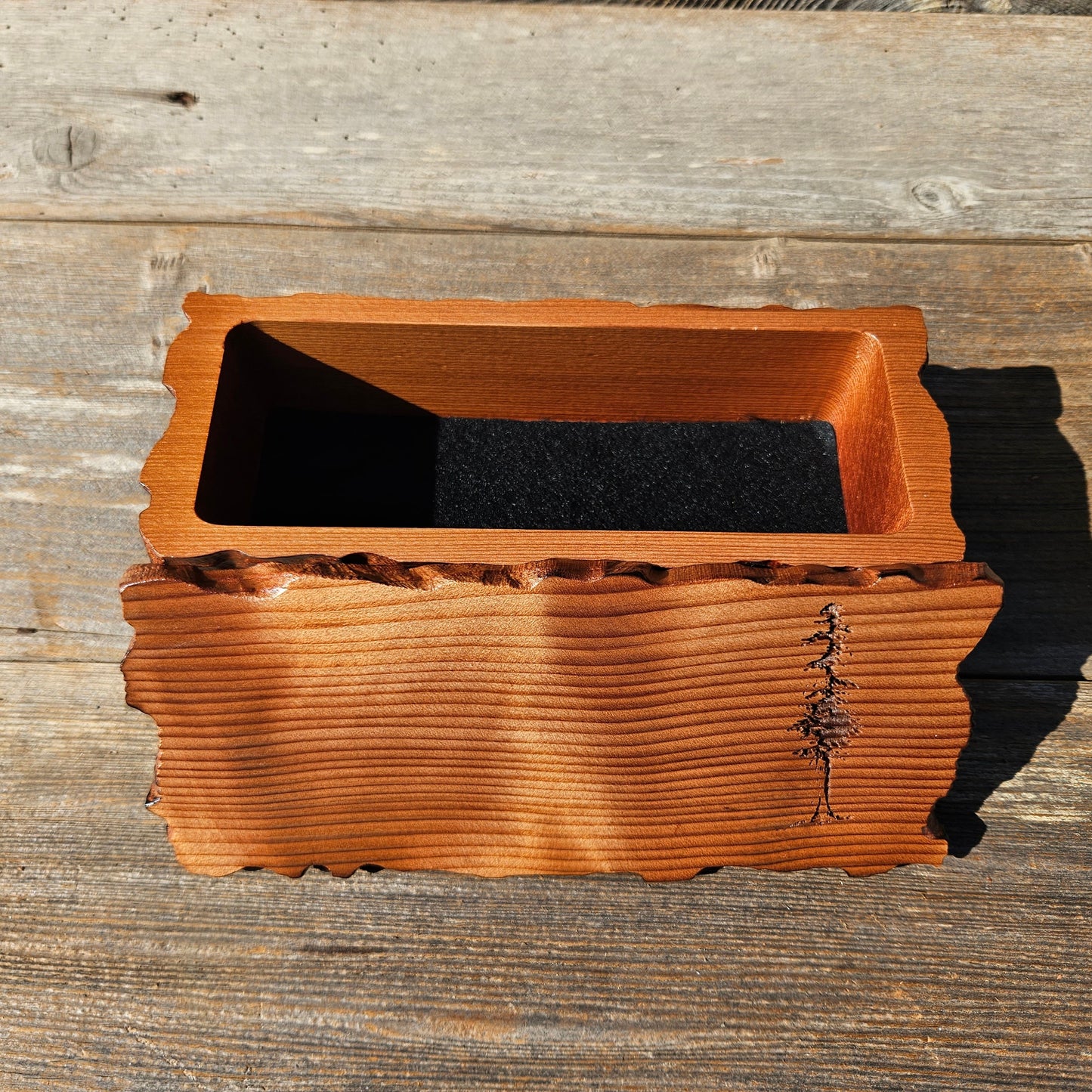 Handmade Wood Box with Redwood Tree Engraved Rustic Handmade Curly Wood #596 California Redwood Jewelry Box Storage Box