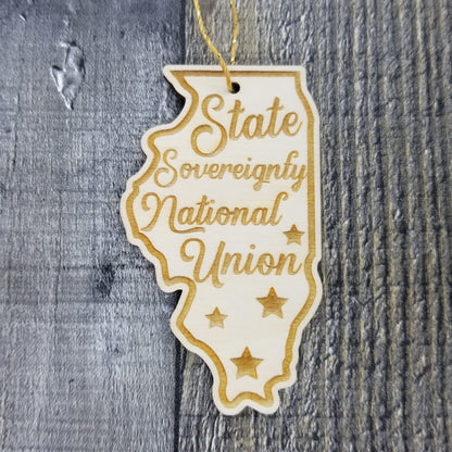 Illinois Wood Ornament -  IL State Shape with State Motto - Handmade Wood Ornament Made in USA Christmas Decor