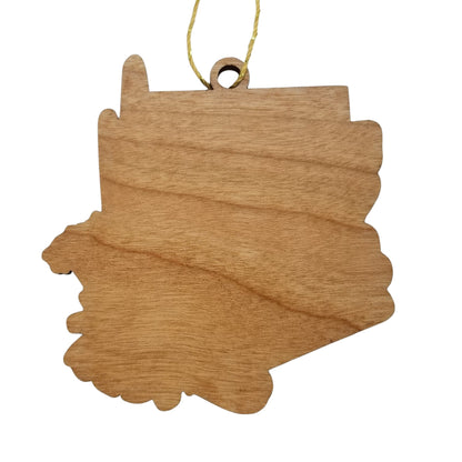 Wholesale Arizona Wood Ornament -  AZ State Shape with State Flowers Saguaro Cactus Blossoms - Handmade Wood Souvenir