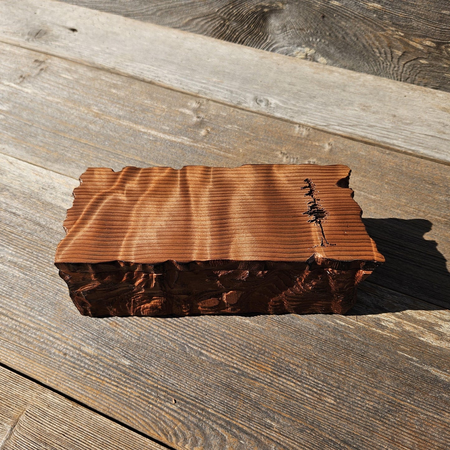 Handmade Wood Box with Redwood Tree Engraved Rustic Curly Wood #616