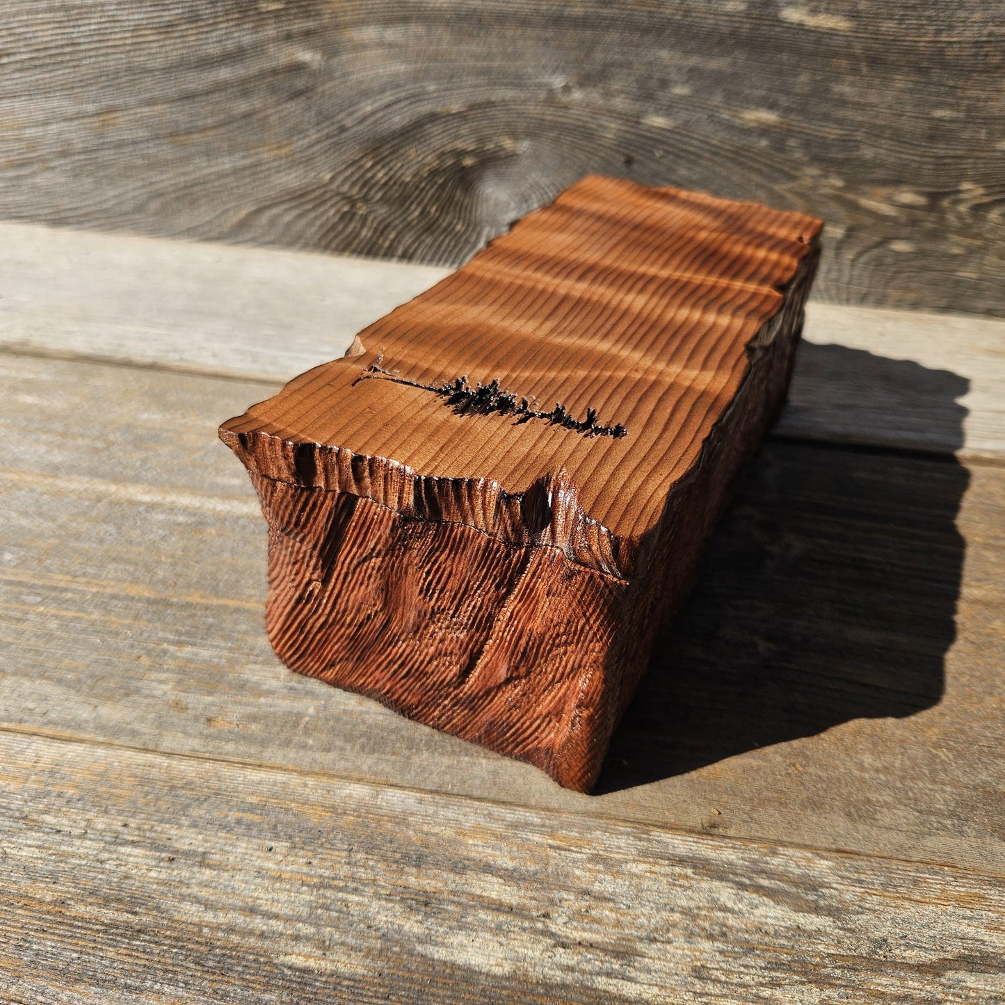 Handmade Wood Box with Redwood Tree Engraved Rustic Curly Wood #616