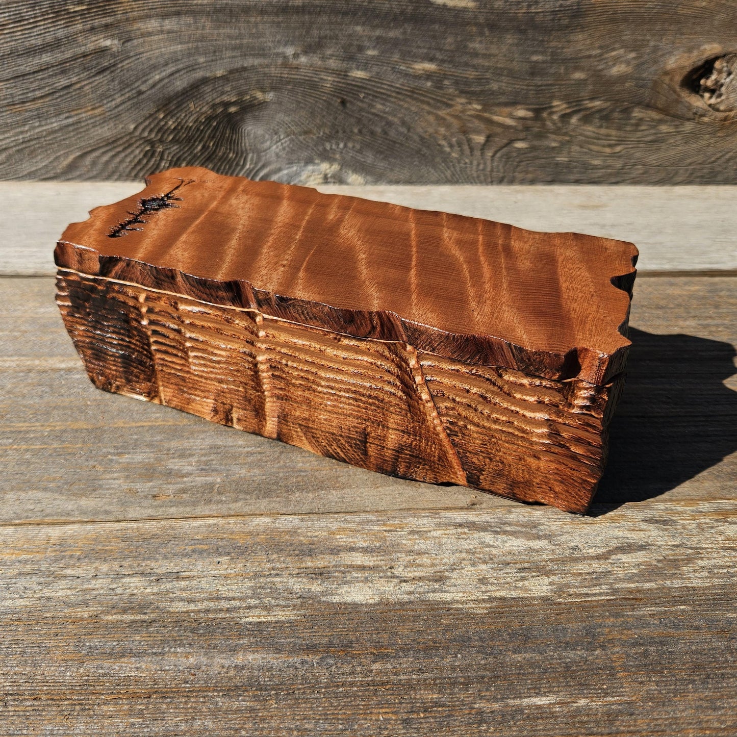 Handmade Wood Box with Redwood Tree Engraved Rustic Handmade Curly Wood #609 California Redwood Jewelry Box Storage Box
