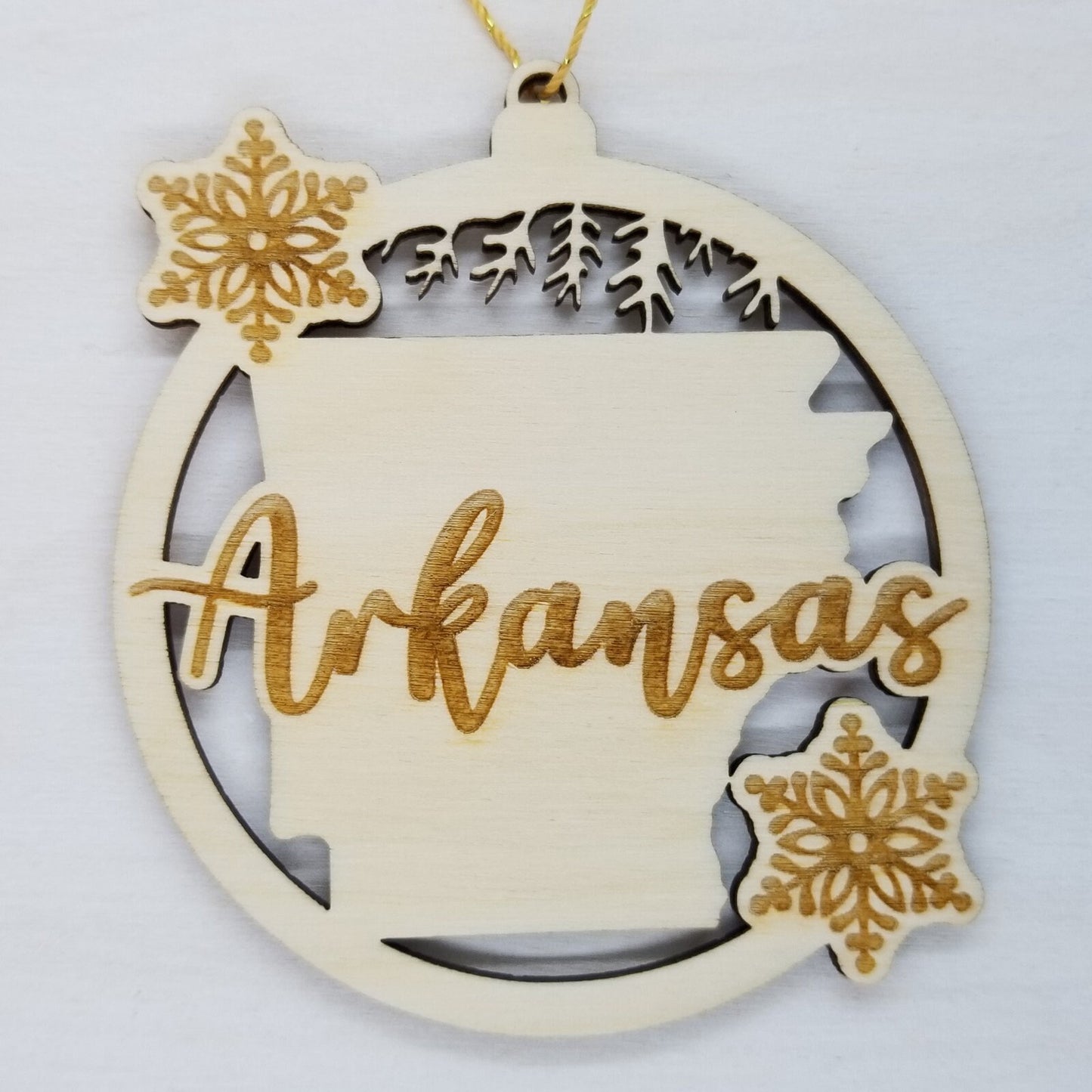 Arkansas Ornament - State Shape with Snowflakes Cutout AR - Handmade Wood Ornament Made in USA Christmas Decor