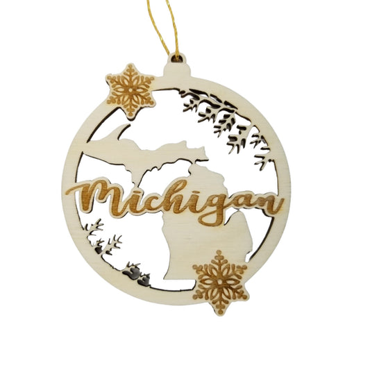 Michigan Wood Ornament -  MI State Shape with Snowflakes Cutout - Handmade Wood Ornament Made in USA Christmas Decor